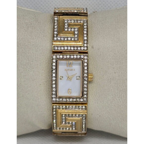 Accessories - Women's Elgin White Mother Pearl Dial Crystal Accents On Bracelet Band Watch 04